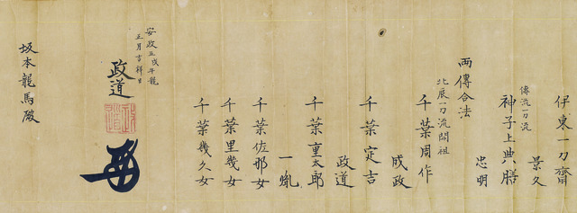 北辰一刀流長刀兵法目録(部分) 江戸時代 安政五年(1858) 高知・創造広場「アクトランド」龍馬歴史館蔵 【京都・東京会場】