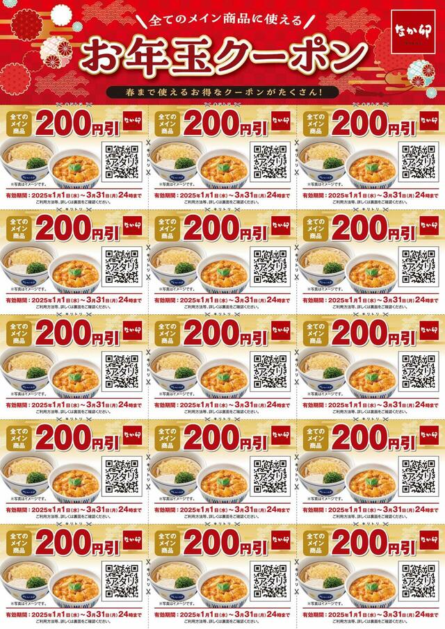 「福袋限定お年玉クーポン 3,000円分」＜内容：200円×15枚＞【【なか卯】3,000円分お食事券付き！うさぎ柄の巾着バッグに入った「なか卯の福袋」販売決定！】