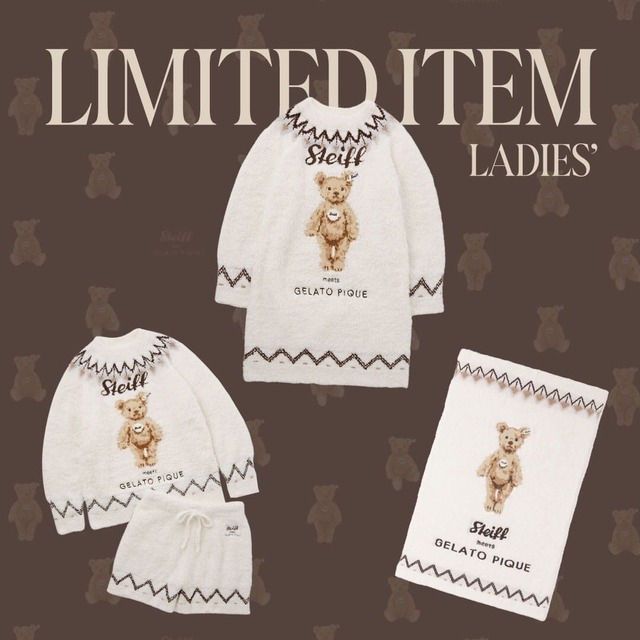 【gelato pique×シュタイフ】「【Steiff】ジェラートJamesフェアアイルジャガードプルオーバー&ショートパンツセット」¥15,840、「【Steiff】ジェラートJamesフェアアイルジャガードミニワンピース」¥12,980、「【Steiff】ジェラートJamesフェアアイル柄ジャガードブランケット」¥10,780（期間限定ショップ限定での販売）