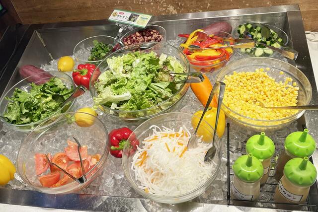 サラダバーに並ぶ豊富な種類の野菜が並びます