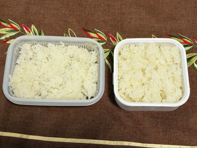 【tower 温まりやすい立つ冷凍ごはん容器】普段使っている他社の容器と食べ比べてみました。明らかにtower(右)のほうがごはんのふっくら感と粒感が際立っていました…!