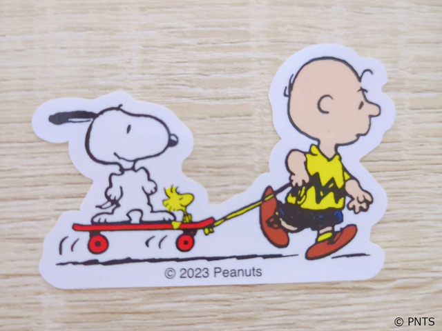 【ジョイフル×スヌーピー ステッカー5枚セット「SPORTS（みどり）」】スケボーに乗るスヌーピーとウッドストックを引くチャーリー・ブラウン