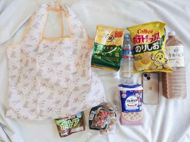 ポテトチップス2袋、ペットボトル2本、ヨーグルト、ミニ財布、携帯、他食品が数点入った