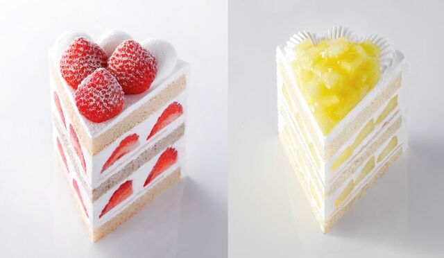 「新エクストラスーパーあまおうショートケーキ」（写真左・￥3,456）、「新エクストラスーパーメロンショートケーキ」(写真右・￥4,320)【ピエール・エルメ・パリ×パティスリーSATSUKI】