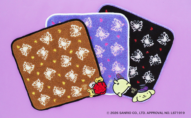 【ANNA SUI×ポムポムプリン】「タオルハンカチ」(3柄、各1,430円)/サイズ:約25cm×25cm