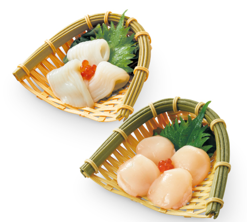 上：するめいかのお造り　　下：帆立のお造り【和食さとの 「北海道逸品食べ放題」】