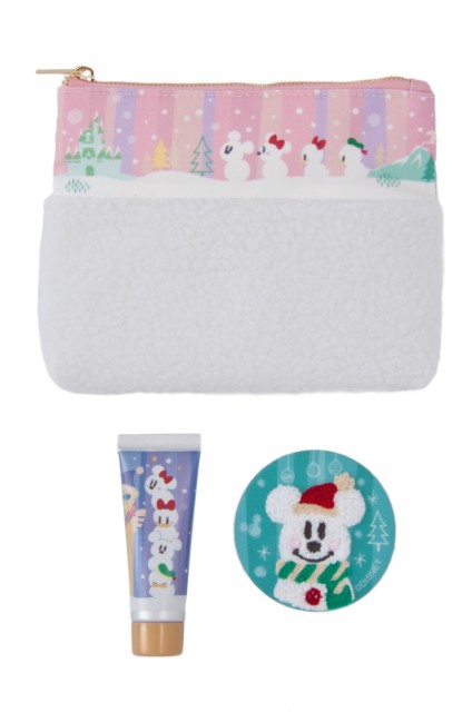 ギフトセット 2,800円｜（ポーチ）幅約18×高さ約14×マチ約3.5cm、（ミラー）直径約7.5cm、（ハンドクリーム）高さ約10cm/ラベンダーの香り/25g｜東京ディズニーリゾート「ディズニー・クリスマス」2019｜販売店舗：東京ディズニーランド「グランドエンポーリアム」、東京ディズニーシー「エンポーリオ」
