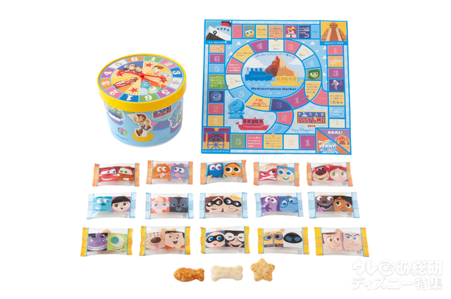 おせんべい 1,200円｜内容量：56g(30枚) [魚型あげせんべい(蜂蜜醤油味) 10枚、骨型せんべい(塩味) 10枚、星型せんべい(カレー味) 10枚]｜直径約18×高さ約13.5cm｜東京ディズニーシー「ピクサー・プレイタイム」｜【販売店舗】ヴァレンティーナズ･スウィート