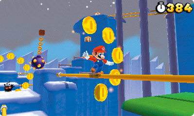 スーパーマリオ 3Dランド／アクションの種類も豊富。3Dの世界を縦横無尽に駆け回る、マリオの動きを見ているだけでも楽しめる。