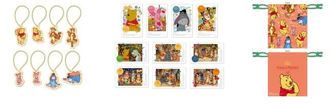 「アクリルキーホルダー(ランダム6種)、ステッカー(ランダム10種)、巾着(FUNNY)」<価格:税込825円/税込605円/税込1,430円>【プーさんと仲間たちがテーマのカフェ「OH MY CAFE」オープン♪東京・名古屋・大阪で開催されます!】