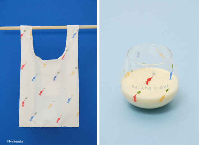 【ジェラート ピケ×ピクミン】エコバッグ ¥2,310(カラー:オフホワイト、サイズ:フリー)、グラス ¥2,750(カラー:クリア、サイズ:フリー)
