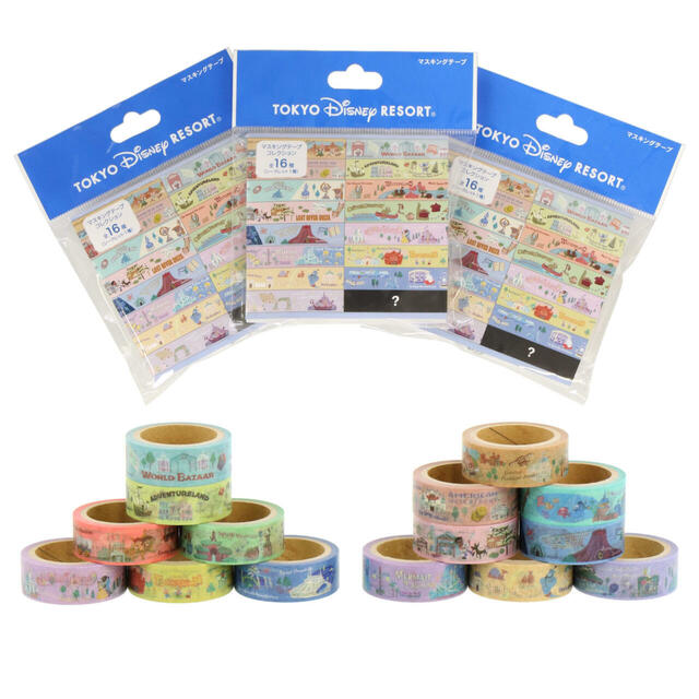 マスキングテープ 250円|ミッキーたちが楽しそうに巡っているパークのマップやアイコンをモチーフにしたグッズ|販売店舗:東京ディズニーランド「グランドエンポーリアム」、東京ディズニーシー「タワー・オブ・テラー・メモラビリア」|発売日:2024年7月11日(木)