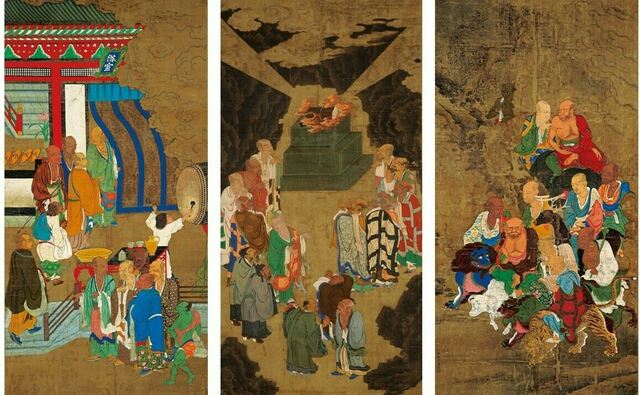 重要文化財《五百羅漢図》　吉山明兆筆　南北朝時代・至徳3年（1386）京都・東福寺蔵 （中央）第1号幅　※展示期間　東京会場：3月7日(火)〜3月27日(月)　京都会場：10月7日(土)〜10月22日(日)（右）第20号幅　※展示期間　東京会場：3月28日(火)〜4月16日(日)　京都会場：10月24日(火)〜11月5日(日)（左）第40号幅　※展示期間　東京会場：4月18日(火)〜5月7日(日)　京都会場：11月21日(火)〜12月3日(日)