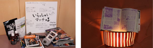 左）マッチョたちの寄せ書きや、握力計などの器具も（実際の展示方法とは異なります）