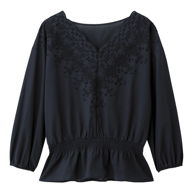 スカラップレースVネックブラウス（7分袖）ネイビー