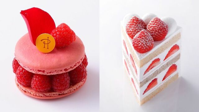 「イスパハン」（写真左）、「新エクストラスーパーあまおうショートケーキ」（写真右・￥3,456）【ピエール・エルメ・パリ×パティスリーSATSUKI】