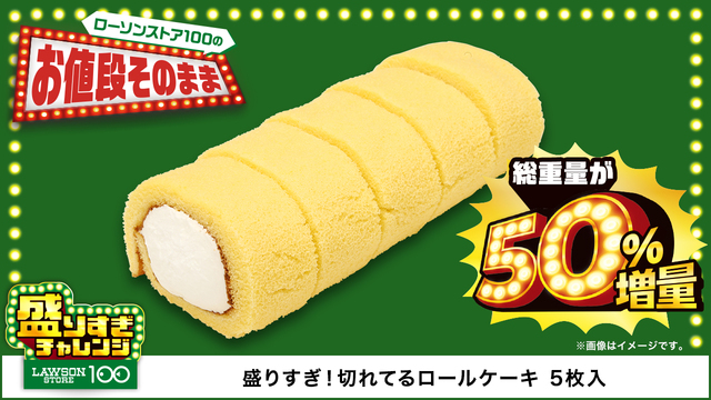 「盛りすぎ！切れてるロールケーキ 5枚入」＜価格：138円（税込）＞【お値段そのままで約50％増量！「ローソンストア100」でお得な『盛りすぎチャレンジ』始まる！】