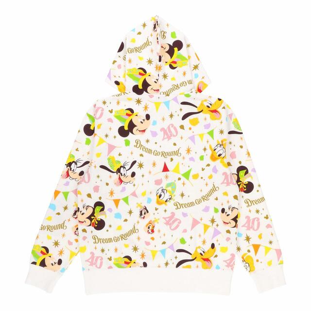 パーカー 5,200円｜サイズ：S、M、L、LL ※総柄アイテムのため、1枚1枚柄の出方が違います。｜東京ディズニーリゾート40周年“ドリームゴーラウンド”スペシャルグッズ｜発売日：2023年4月10日（月）｜販売店舗：東京ディズニーランド「グランドエンポーリアム」、東京ディズニーシー「エンポーリオ」