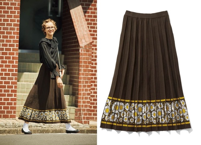 【シロップ．×アデリアレトロ】「アデリアレトロ×シロップ． 珈琲色のニットプリーツスカート 〈花ざかり〉 」￥5,940