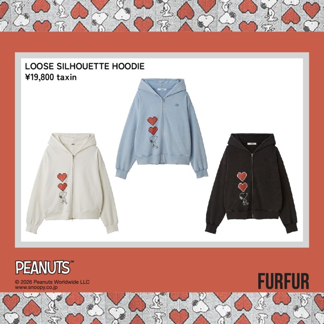 【FURFUR meats PEANUTS】「スヌーピーコラボルーズシルエットパーカー」￥19,800（カラー展開：WHT, BLK, BLU）／ィンテージ風加工を施したスヌーピーと赤いハートモチーフを大胆にプリント
