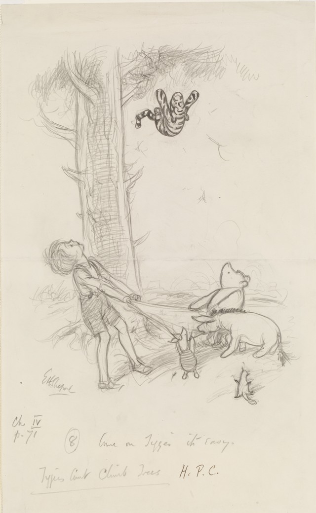 「おいでよ、トラー、やさしいよ」、『プー横丁にたった家』第4章、E.H.シェパード、鉛筆画、1928年、V&A所蔵