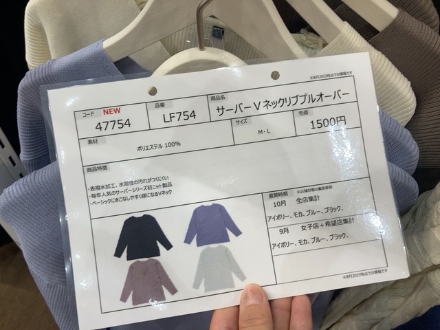 【ワークマン サーバーVネックリブプルオーバー】カラーはアイボリー、モカ、ブラック、ブルーがありました