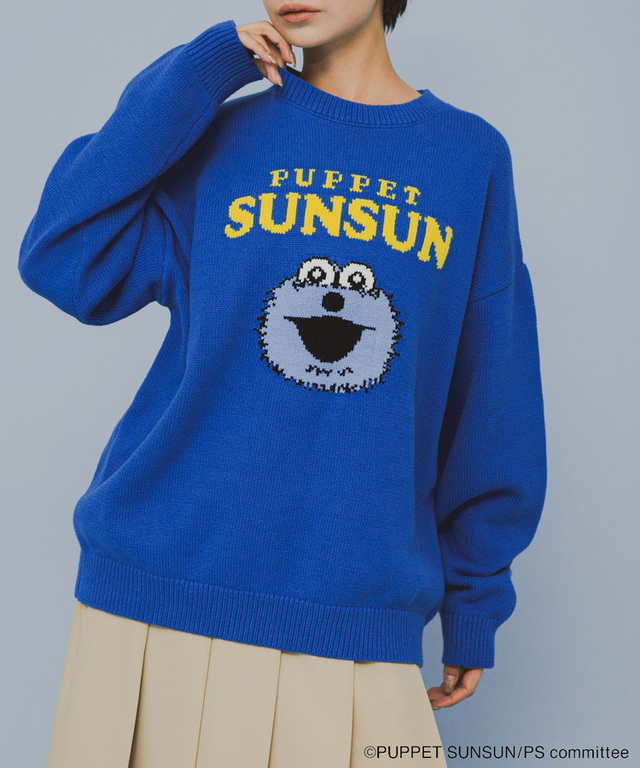 【SENSE OF PLACE × パペットスンスン】別注 SUNSUN ジャガードニット（BLUE/One Size）¥6,600 (税込)