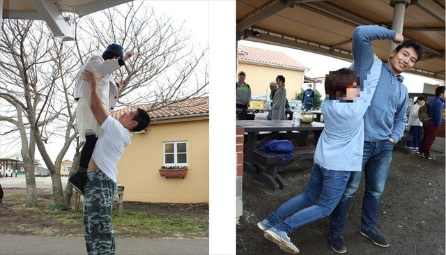 食後の腹ごなしにマッチョたちとのふれあいタイム。左)「高い高い」が本当に高い 右)大人になって腕にぶら下がる体験が出来るとは