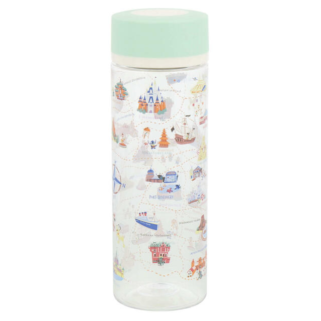 ドリンクボトル 1,800円｜ミッキーたちが楽しそうに巡っているパークのマップやアイコンをモチーフにしたグッズ｜販売店舗：東京ディズニーランド「グランドエンポーリアム」、東京ディズニーシー「タワー・オブ・テラー・メモラビリア」｜発売日：2024年7月11日（木）