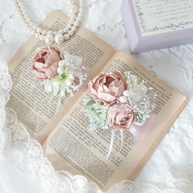 【受注制作】 親子コサージュ　ミルフィーユローズ　duskypink color／chouette／4,200円