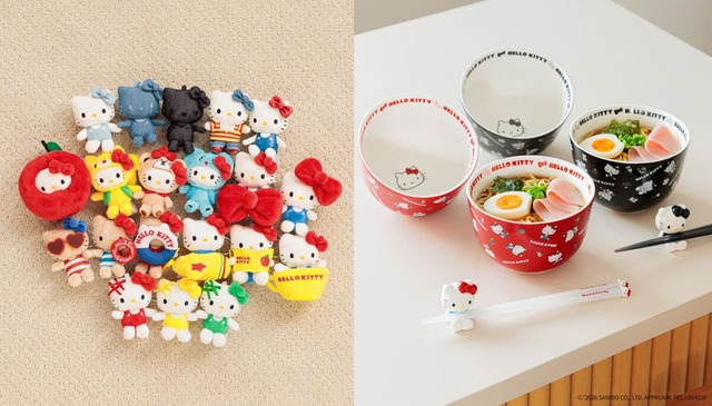 【サンリオ】LOWRYS FARM／【HELLO KITTY】ぬいキーホルダー7 全20種類　2,490円、【HELLO KITTY】どんぶり 全2種類　2,200円、【HELLO KITTY】箸置き 全2種類　990円、【HELLO KITTY】おはし 全2種類　990円