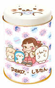 【ペコちゃん×しろたん】「ミルキー缶(ペコちゃん×しろたんとお友だち)」770円 ミルキーフラワー柄をバックにペコちゃんとしろたん・お友だちが描かれたデザイン