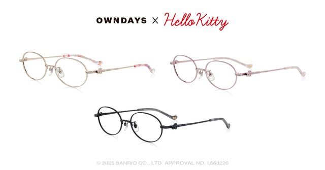 【OWNDAYS ×ハローキティ】「リボン model」¥12,000／両テンプルにリボンモチーフをあしらい、左側からはリボン越しにハローキティがチラリと覗く愛らしいデザイン