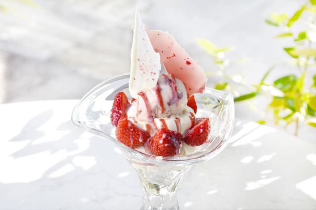 【箱根スイーツコレクション2025】箱根ガラスの森美術館 カフェ テラッツァ うかい「特選いちごパフェ」コーヒーまたは紅茶付　2,280円、コーヒーまたは紅茶付+入館券　3,780円