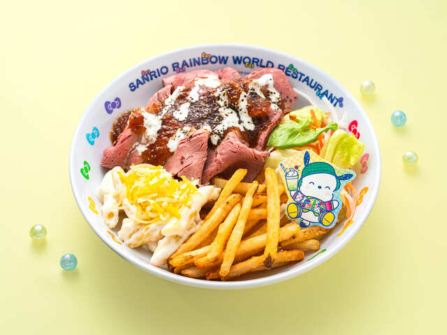 ポチャッコをモチーフにした「春パ気分!ドリームプレート(肉90g・ご飯180g)」