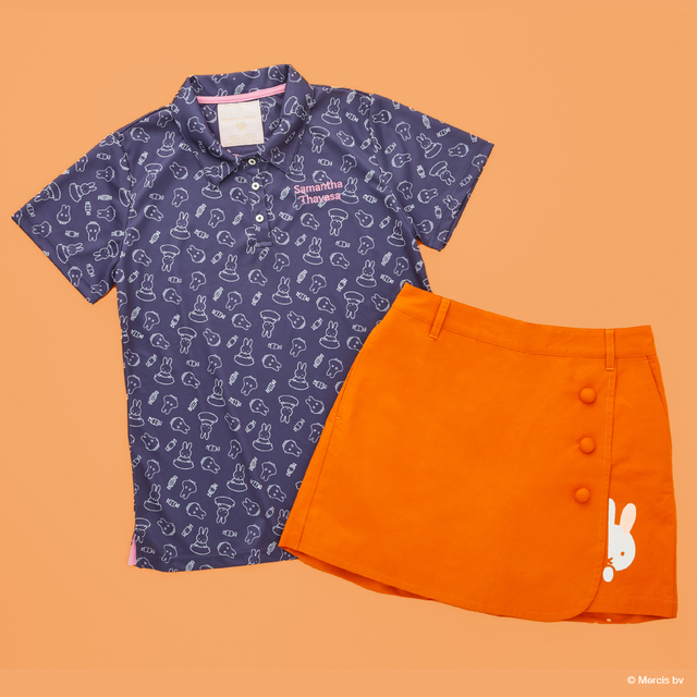 ポロシャツ ￥19,800　ネイビー/ホワイトキュロット ￥22,000　オレンジ