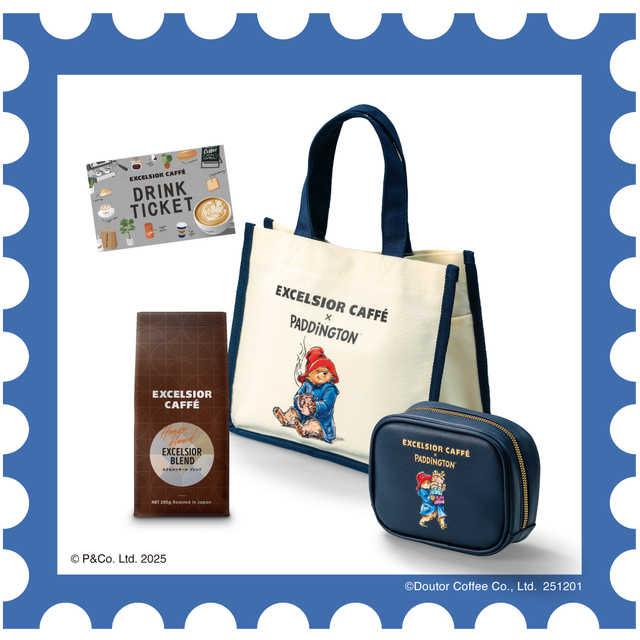 「〈2026 HAPPY BAG〉バッグ・ポーチ＆ビーンズセット」＜価格：7,000円（税込）＞【「エクセルシオール カフェ」×「パディントン（TM）」の初コラボ福袋「2026 HAPPY BAG」は、12月1日より店頭にて予約受付開始！】
