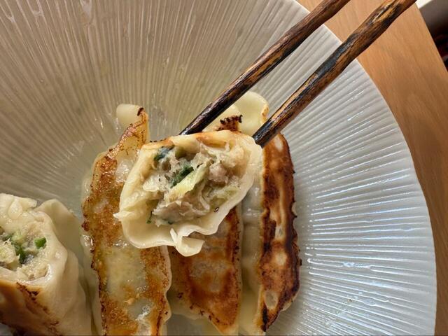 【ロピア にんにくマシマシ餃子】箸で持ち上げると、肉汁と野菜のジューシーさが伝わってきました!