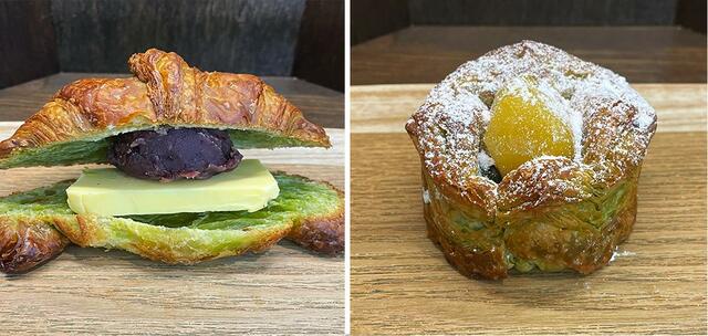 (左)抹茶あんバター ¥320、(右)抹茶と栗のクロワッサン ¥280