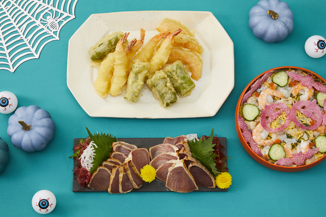 「秋野菜の天ぷら/ハロウィーンちらし寿司/炙りマグロのオニオンペッパー風味」＜期間：2024年9月5日～11月4日＞【【USJ】オフィシャルホテルに“ホラーで可愛いハロウィーンメニュー”が勢揃い！宿泊プランでハロウィーンパーティもできちゃう♪】