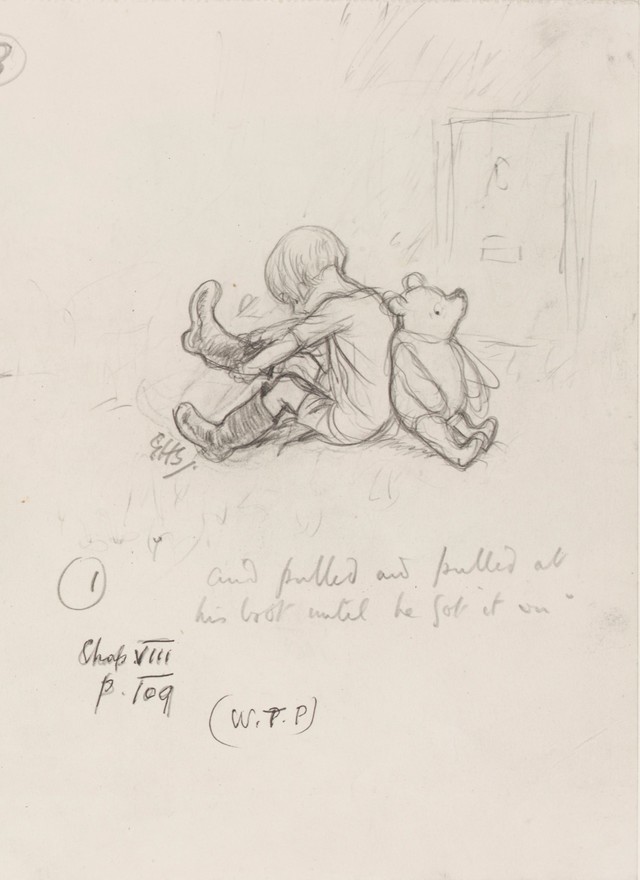 「グングン、くつをひっぱったので……」、『クマのプーさん』第8章、E.H.シェパード、鉛筆画、1926年、V&A所蔵