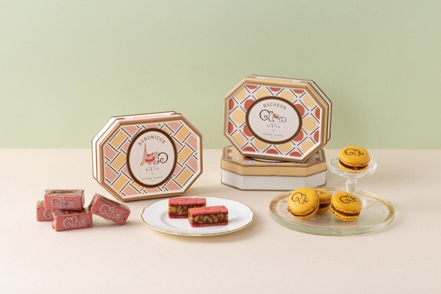 【イスパハン クルミッ子】左：鎌倉紅谷「イスパハン クルミッ子 6個入(缶)」、右：ピエール・エルメ・パリ「マカロン4個詰合わせ クルミッ子」