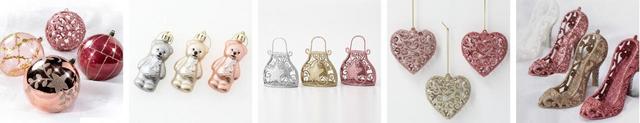 左から ボール4P(ピンクデザインミックス iKR)　799円 ツリーオーナメント3P(ベアーズ OEG)　499円 ツリーオーナメント3P(バッグ I)　399円 ツリーオーナメント3P(ピンクデコハート iKR)　499円 ツリーオーナメント4P( ハイヒール ピンクツリー iEG)　599円