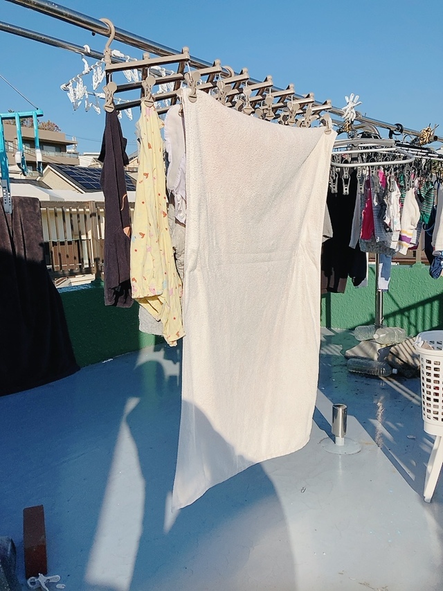 【ニトリ デコホーム 伸縮式ハンガー(39ピンチ)】フックは短めに作られているため、ピンチと地面の間に十分なスペースが。長いアイテムも床や地面に触れず干せます！