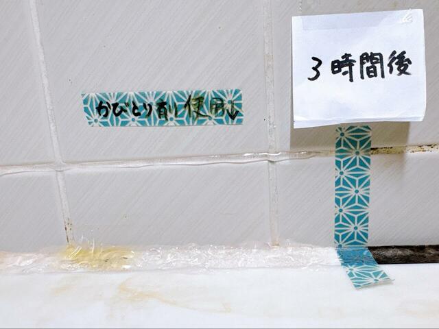 【鈴木油脂工業 カビとり一発】3時間後。茶色かったジェルがほぼ透明に戻り、シリコンの黒カビはほとんどわからないレベルまで白くなりました