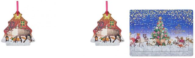 「ゴディバ 星降る森のクリスマス G キューブ トナカイオーナメント 2粒入（画像左）、ゴディバ 星降る森のクリスマス G キューブ トナカイオーナメント 2粒入+ジグソーパズル（画像右）」＜2粒入/561円～＞【ゴディバ 星降る森のクリスマス コレクション】