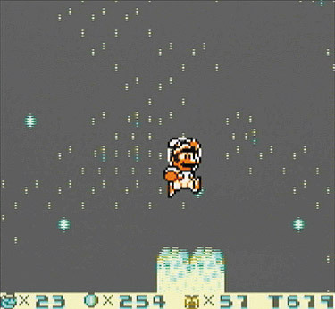 スーパーマリオランド2　6つの金貨／宇宙空間が舞台の「スペースゾーン」では、マリオが宇宙服を着用。動きがスローになるほか、ジャンプボタン押しっぱなしで高くジャンプすることができる。