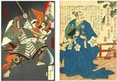 『芳幾・芳年― 国芳門下の2大ライバル』展示作品 (左)月岡芳年《芳年武者旡類 源牛若丸 熊坂長範》明治16(1883)年頃 (右)落合芳幾《太平記英勇伝 明智日向守光秀》慶応3(1867)年 ※展示替えあり ともに浅井コレクション