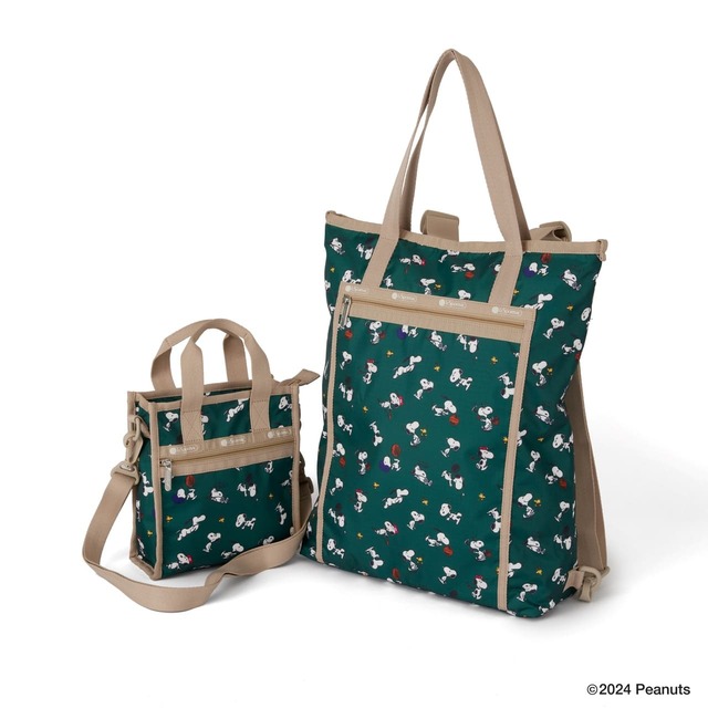 【LeSportsac×PEANUTS】「ミニ N/S トート」（H21×W19×D7cm）￥16,500、「エブリデイ TH バックパック」（H42×W31×D12cm）￥27,500など / 「Snoopy And Woodstock GRN」シリーズは全10型
