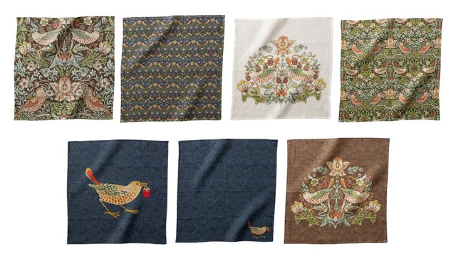 【Jubilee リネン100%ハンカチ ウィリアム・モリス柄】「イチゴ泥棒」柄7種類（04. Strawberry Thief A、05. Strawberry Thief B、06. White - Strawberry Thief、09. Strawberry Thief C、10. Navy - Thief bird A、11. Na）